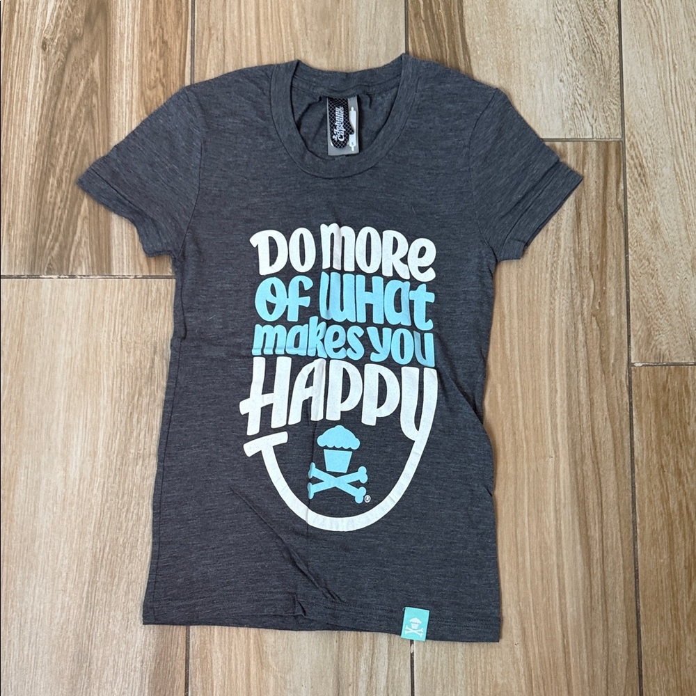 Johnny Cupcakes Dark Gray Tee with White and Light Blue Design